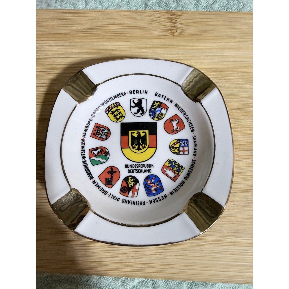 Vintage Germany Ashtray Bundesrepublik Deutschland Crests Gold Trim Souvenir 3"